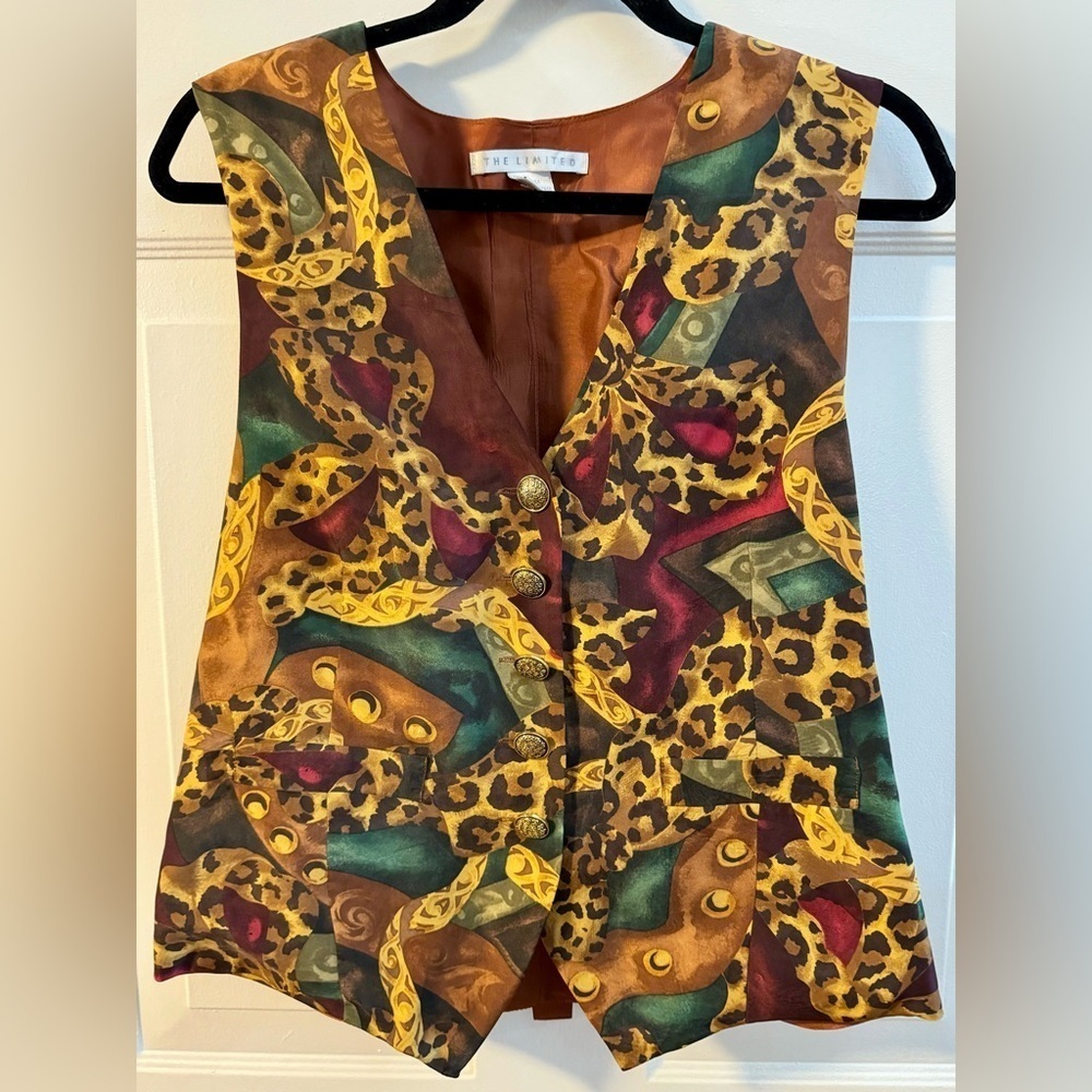 90’s VTG The Limited Women's Silk Leopard Geometric Preppy Teacher Vest Gold